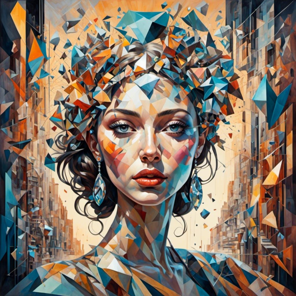 Elysian Woman Crashing Through Mirror Palace in 3D