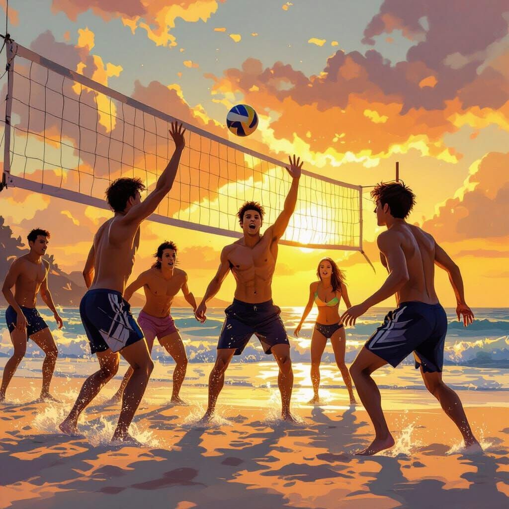Dynamic Beach Volleyball Game at Sunset