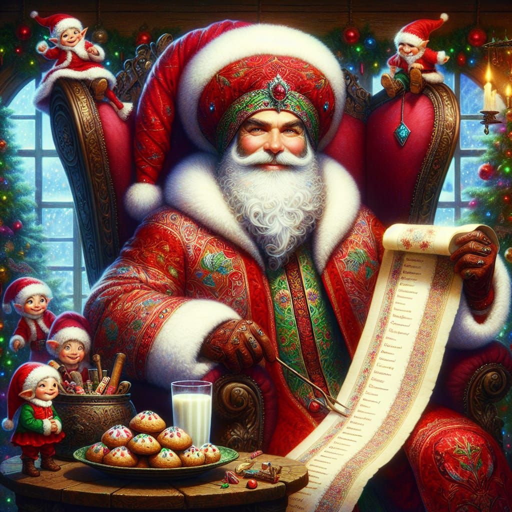 Santa Claus Relaxing with Elves in Festive Scene