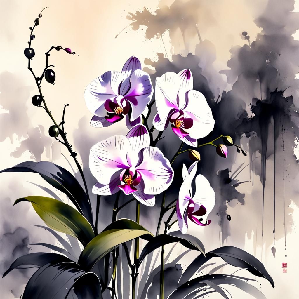 Orchid in Chinese Ink Painting Style