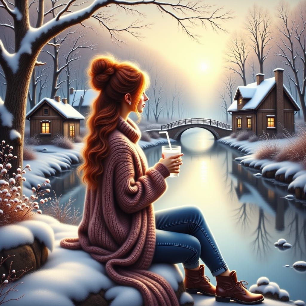 Woman with Milk by Rustic House in Winter
