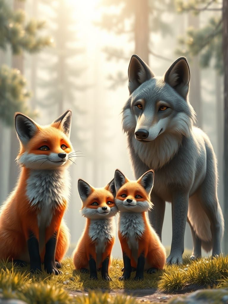 Realistic Foxes Stand Under Glowing Silver Rain in a Vibrant...