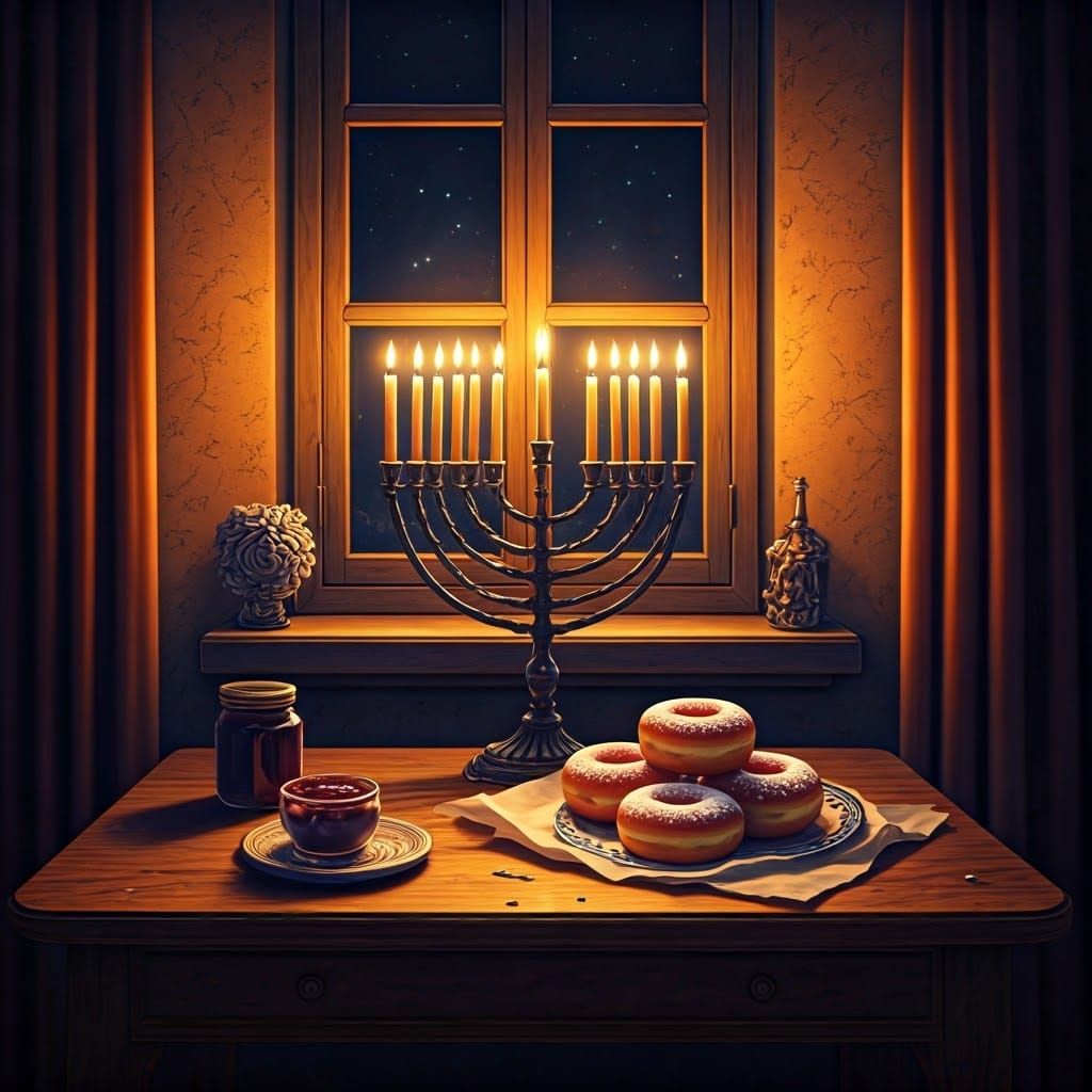 Warm Inauguration Scene with Menorah in Dark Fantasy Style