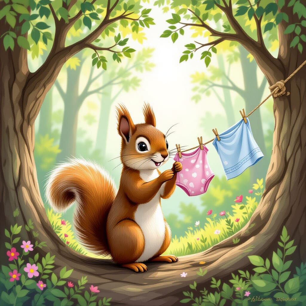Squirrel's Laundry Day: A Whimsical Forest Scene