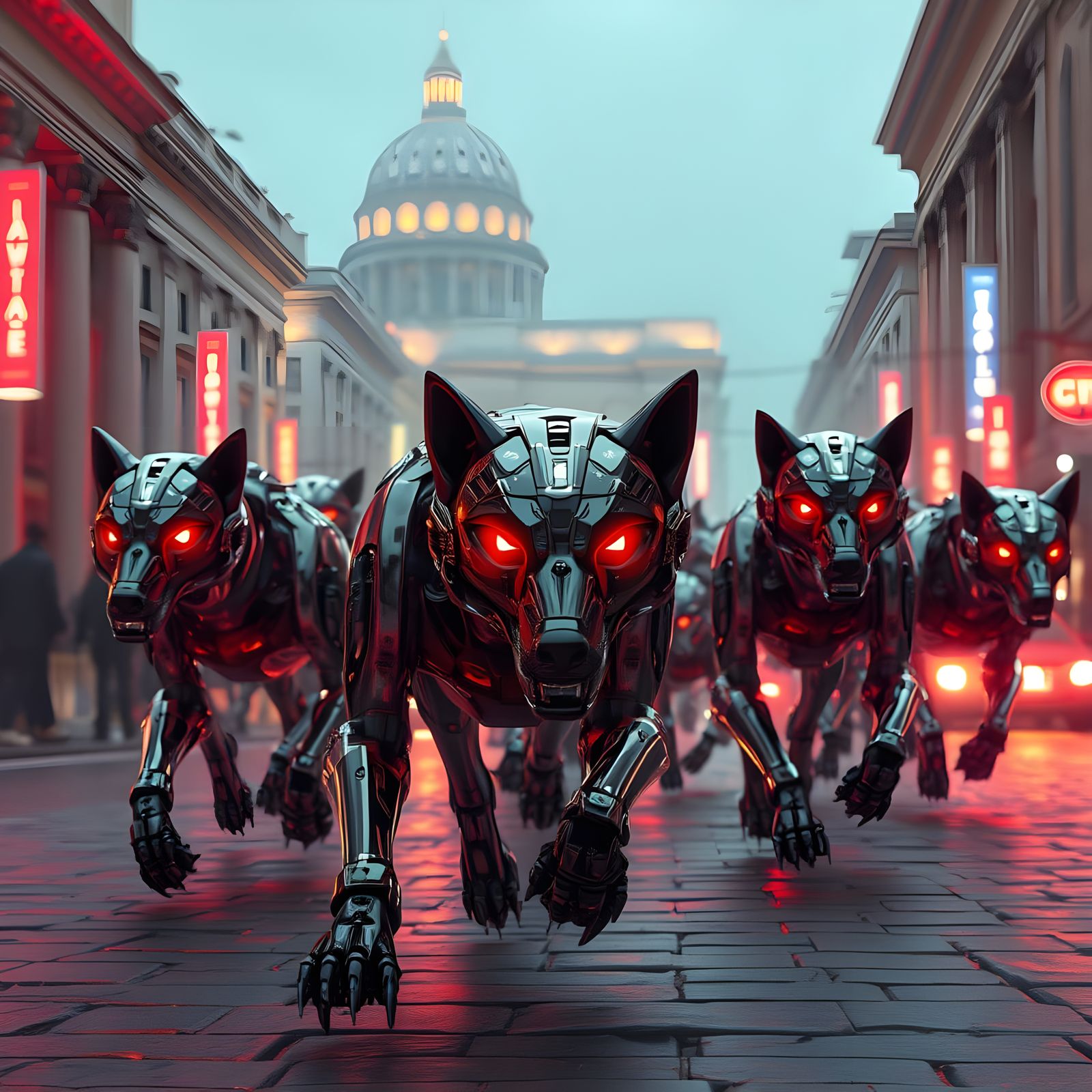 an army of robotic wolves with four glowing red eyes running...