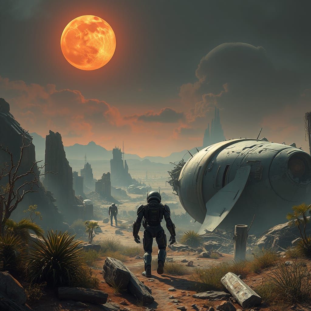 Android Robot Explores Crashed Spaceship and Ruined Cityscap...