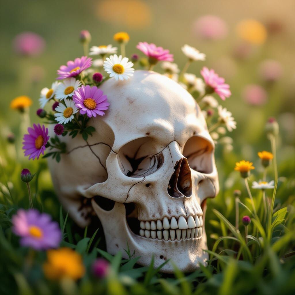 Wildflowers Bloom from Skull in Nature's Cycle