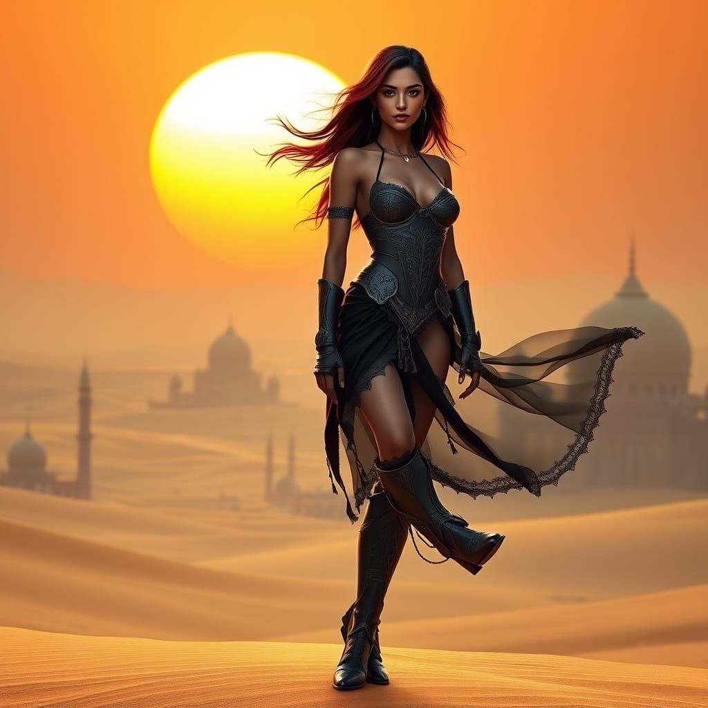 Armored Indian Woman in Desert Sunset