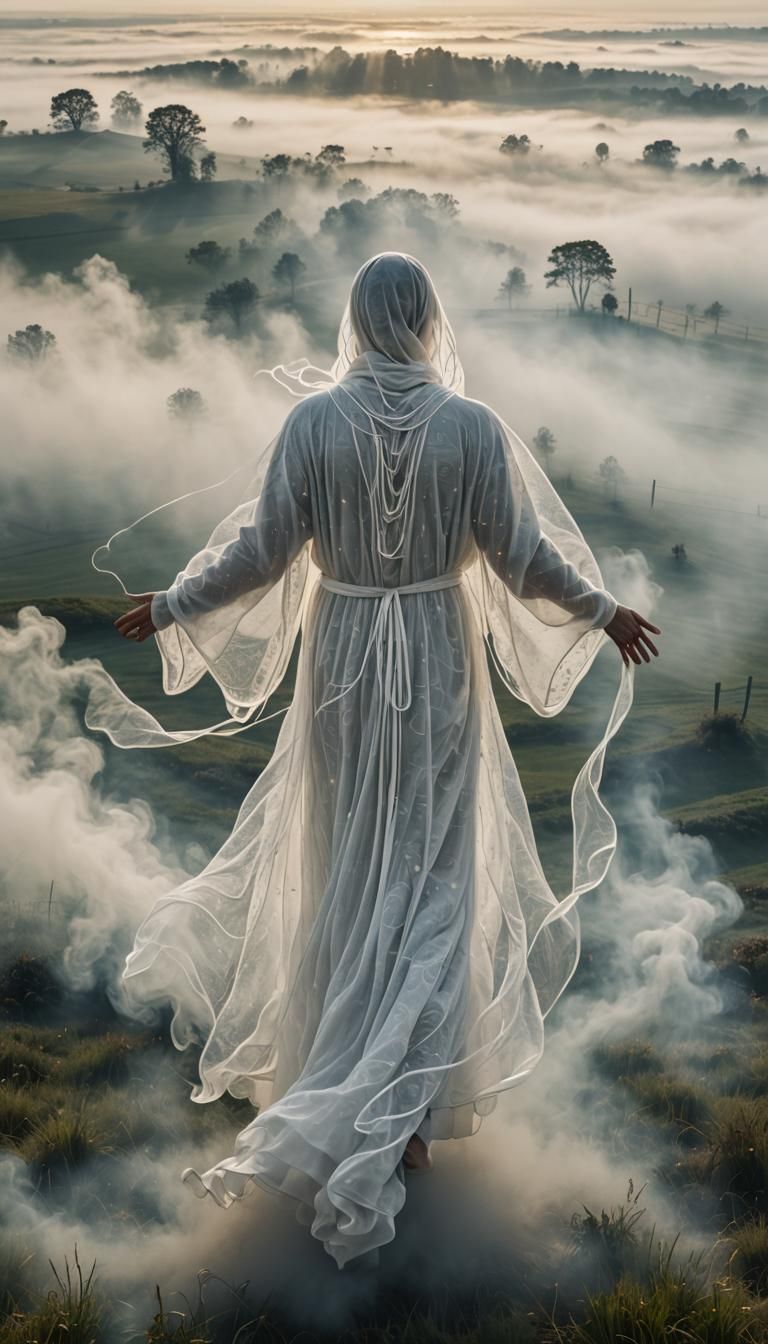 Ethereal Figure Ascends to Sky in Graphic Art