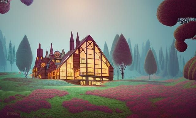 Whimsical Farmhouse with Fluffy Sheep in Retro Art Style