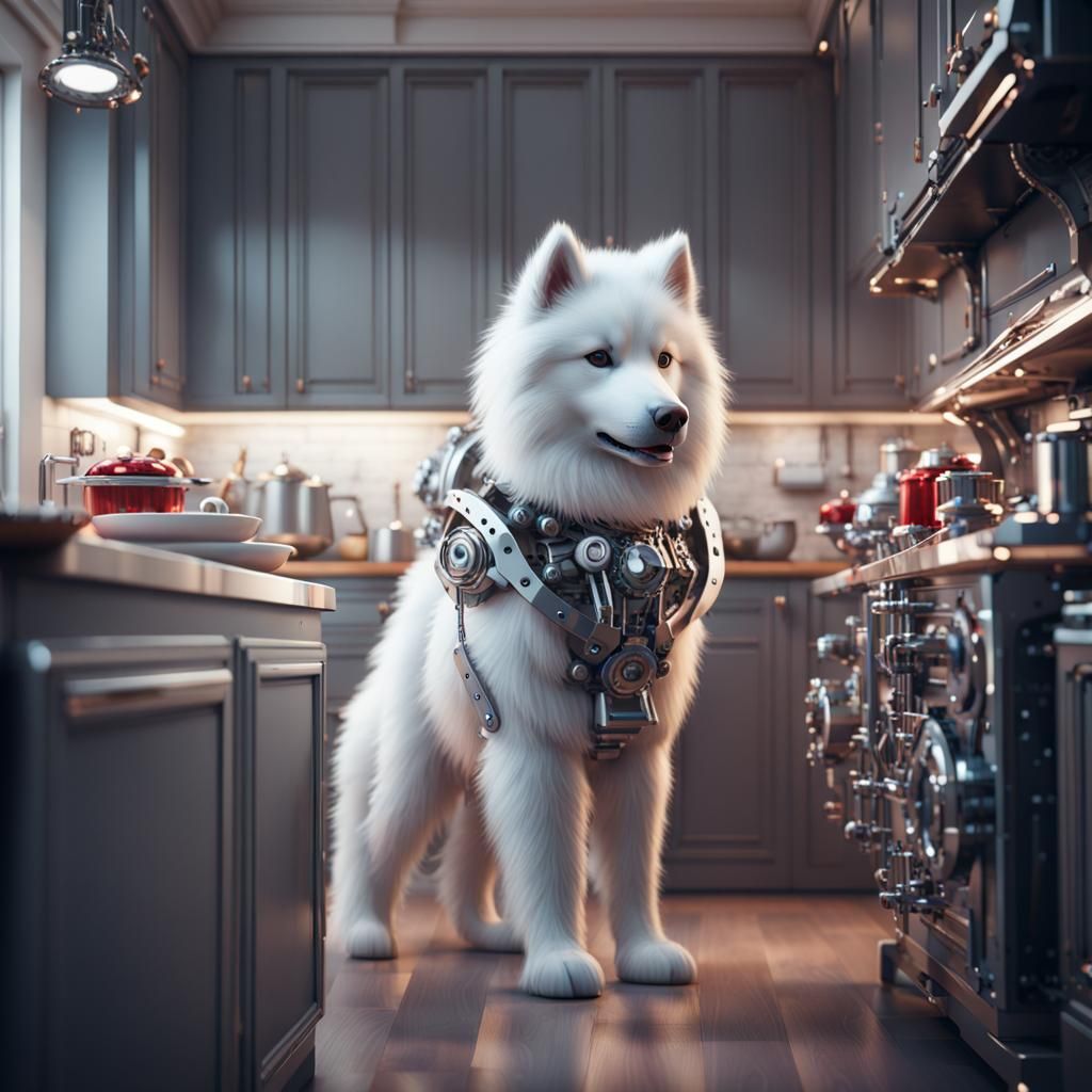 Mechanical Samoyed in Christmas Kitchen: Sci-Fi Art