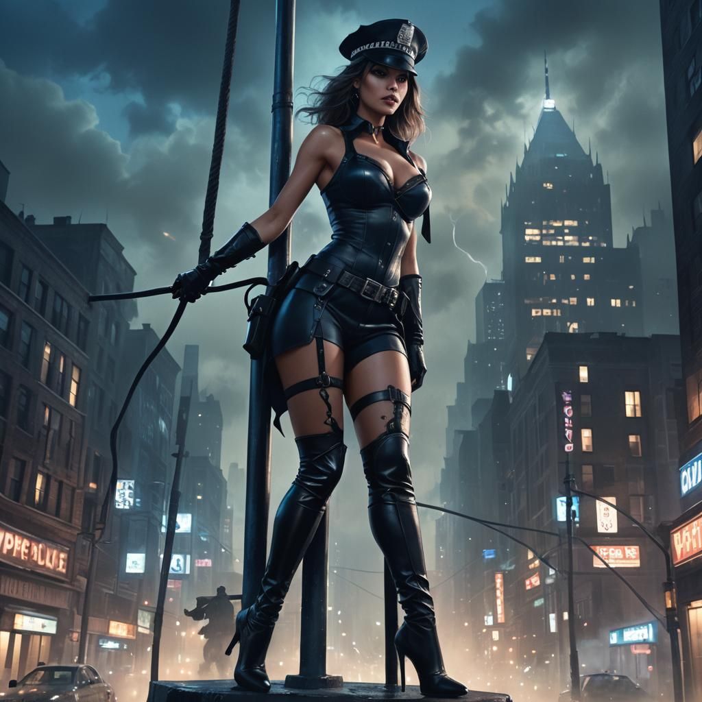 Fantasy Police Officer in Cyberpunk Cityscape