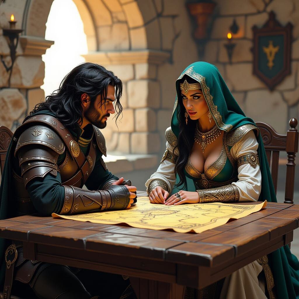 Rogue and Queen Argue Over Map: Frazetta-Inspired Art