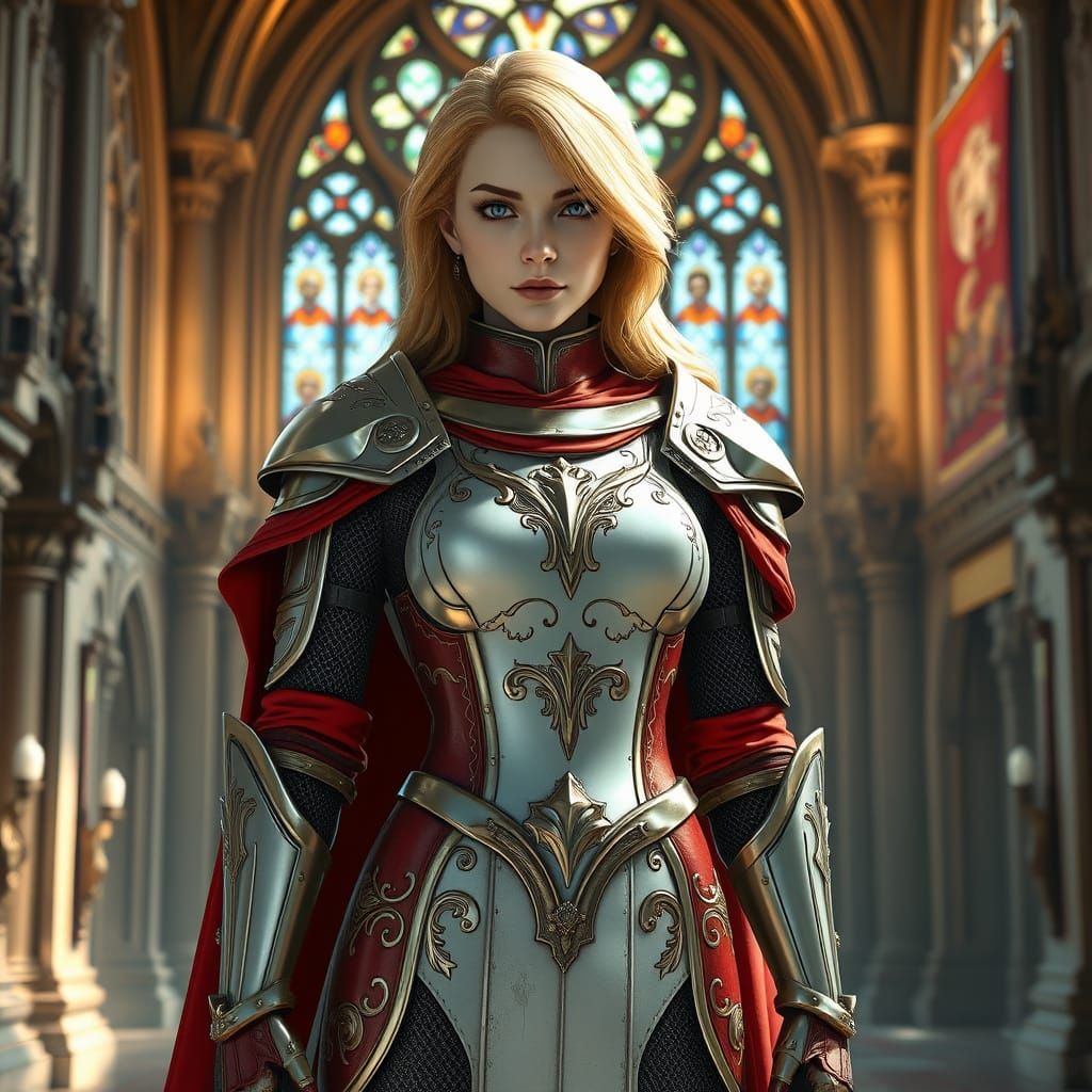 Ethereal Medieval Knight in Regal Armor, Grand Castle Backgr...