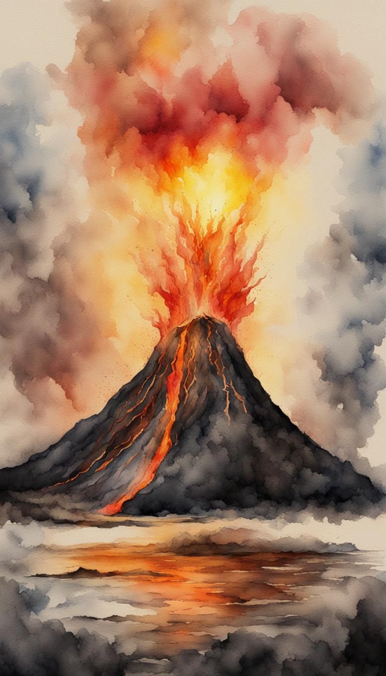 Volcano in a Lamp: Watercolor Art