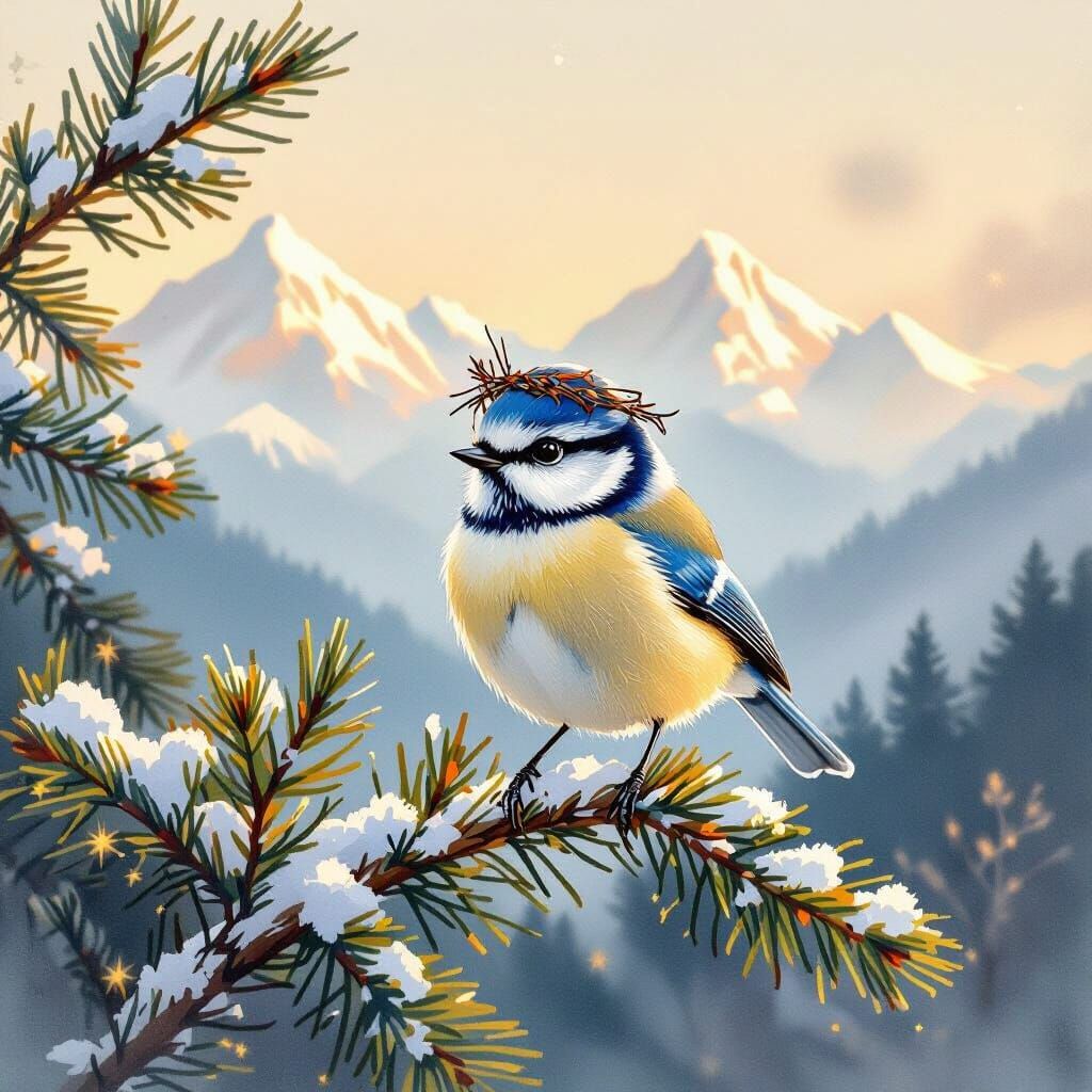 Blue Tit Bird in Watercolor with Mountain View