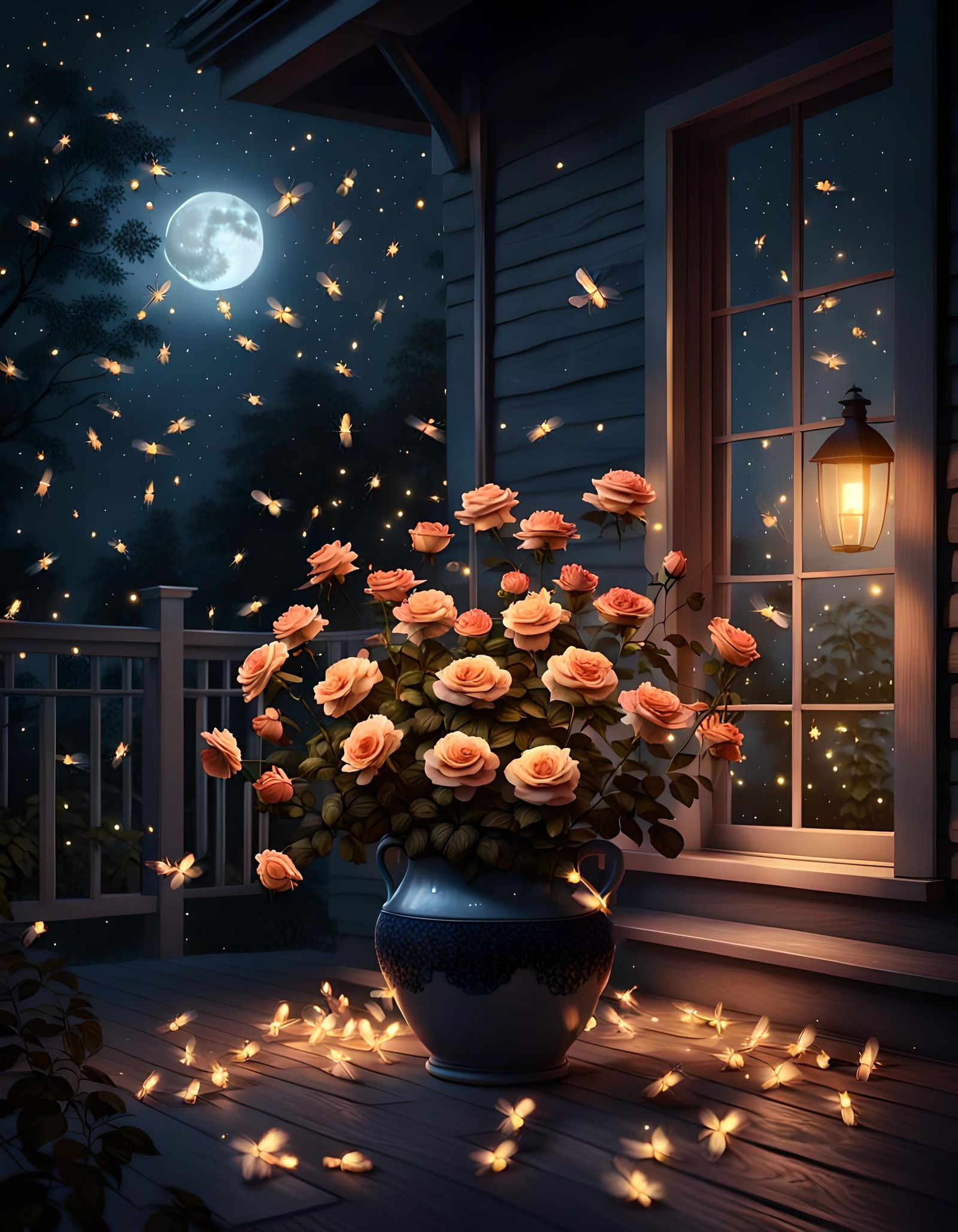 Fireflies and Roses at Night in Moonlight