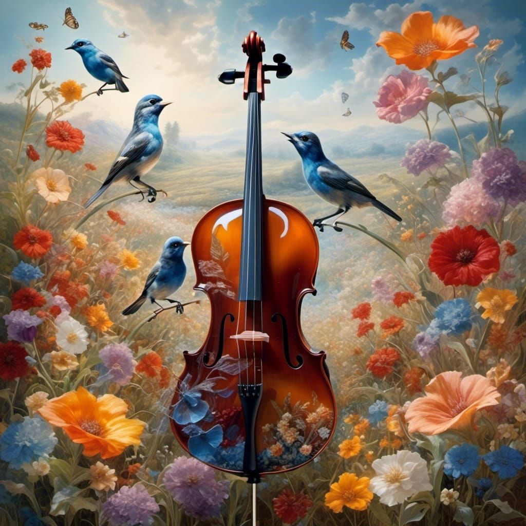 Transparent Cello with Songbird in Oil Painting Style