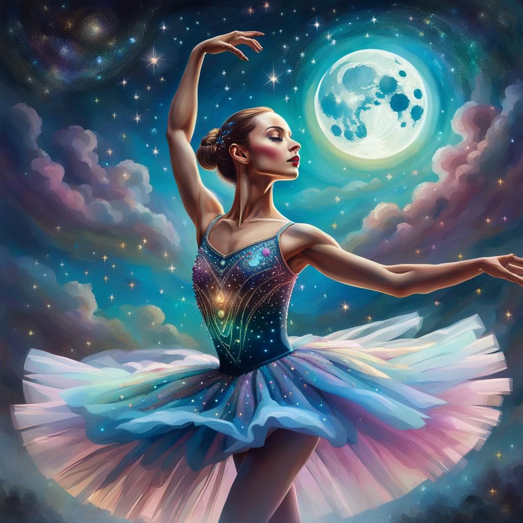 Ballerina's Surreal Dance in Moonlight: Oil Painting