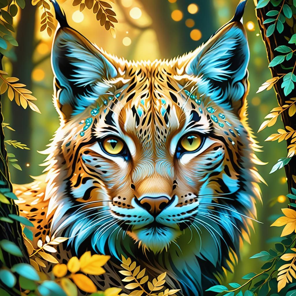 Lynx Peeking from Canopy: Whimsical Fantasy Art