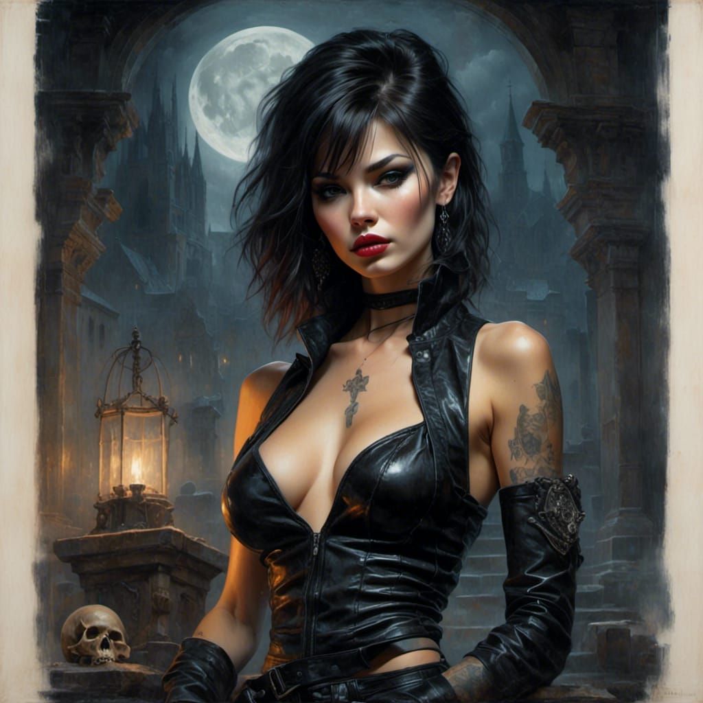 Gothic Glamour Portrait in Moonlight Graveyard