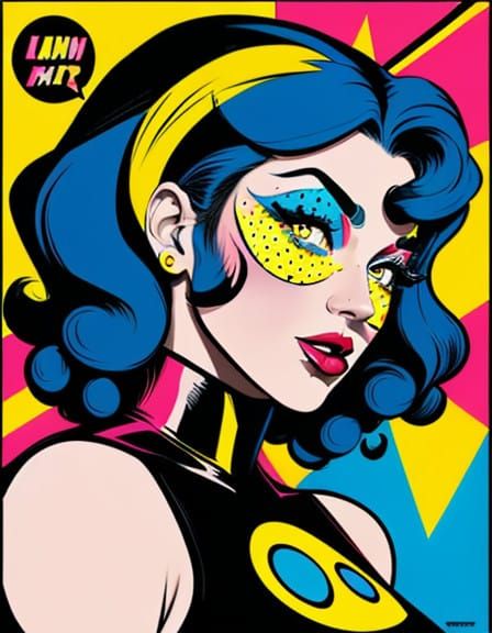 Electric Blue Pop Art Portrait with Graphic Lines and Dot Pa...