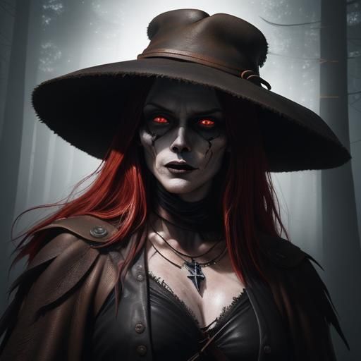Sinister Woman with Red Hair in Dark Forest