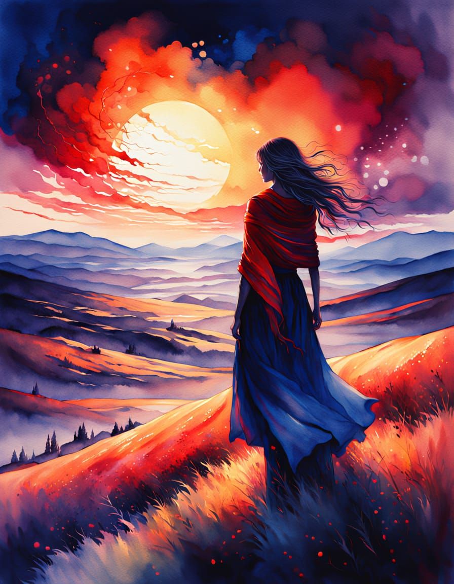 Ethereal Watercolor Sunset: Girl's Scarf Ignites Sky