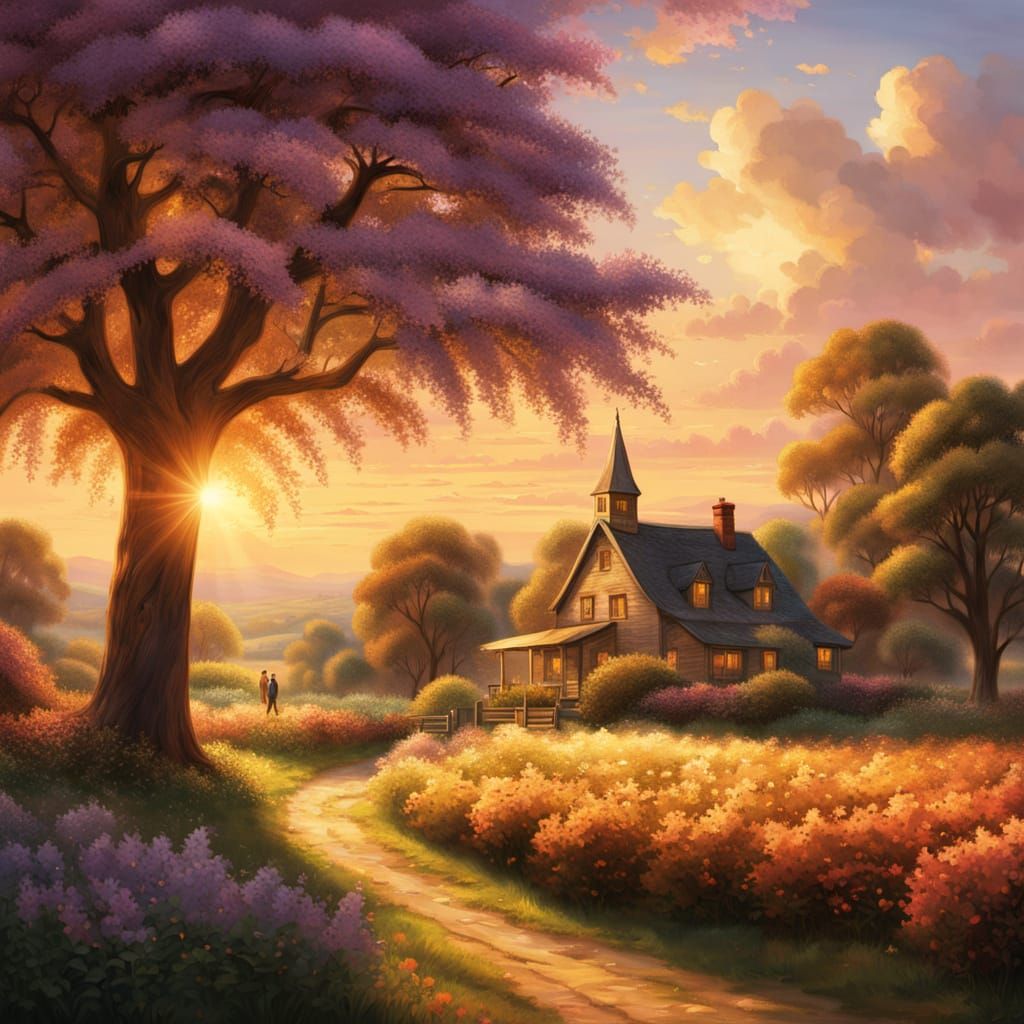 Surreal Golden Hour Landscape with Vibrant Orchard