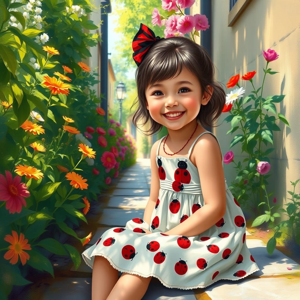 Young Girl in Garden Alleyway, Surrounded by Vibrant Flowers...