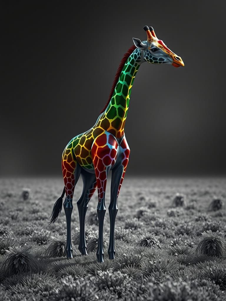 Portrait of a rainbow coloured Giraffe in Black white field