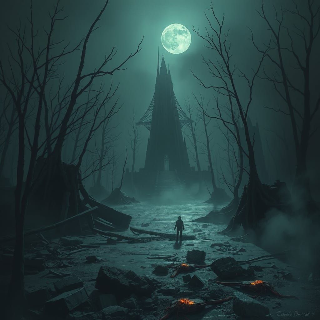 Ominous Abandoned Landscape in Haunting Style