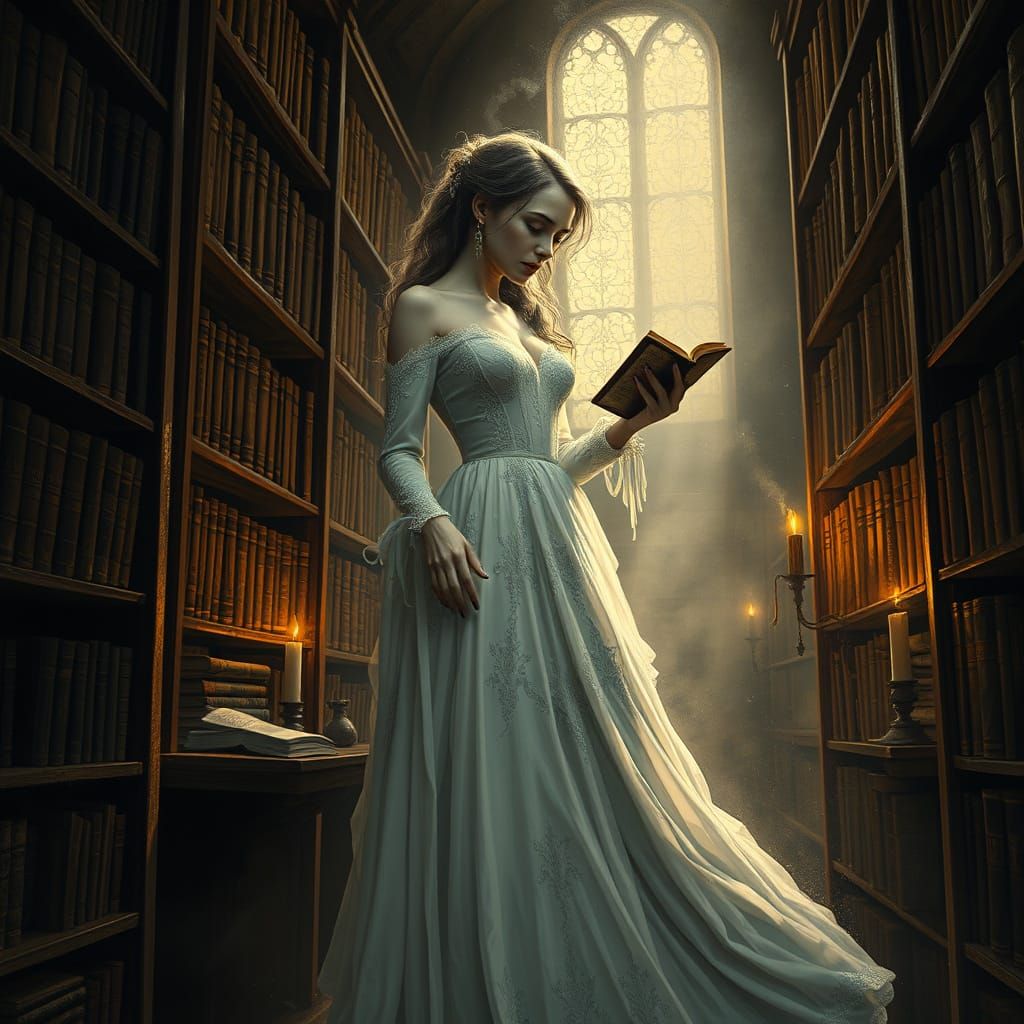 Gothic Horror: Woman in Library of Ancient Texts