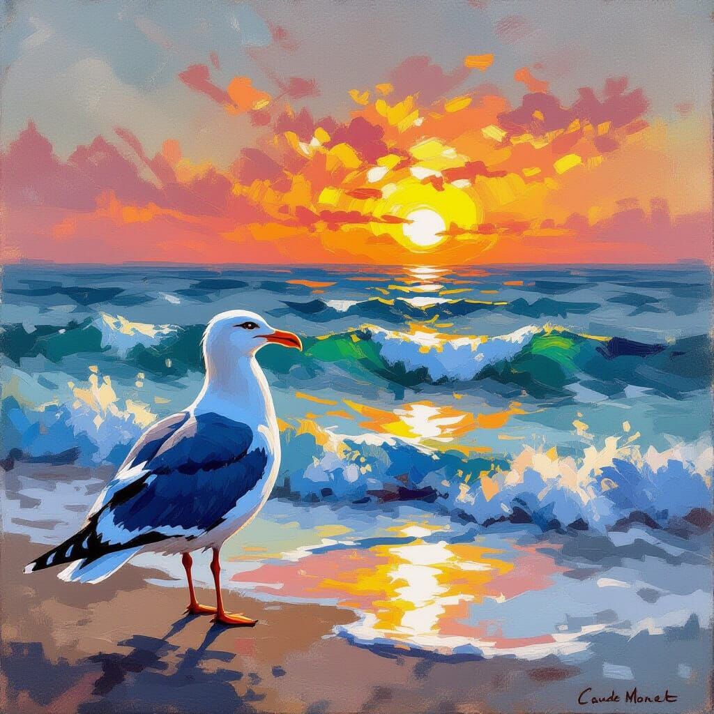 Seagull Gazing at Sunset, Impressionistic Style