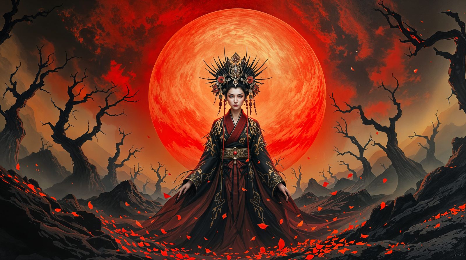 Cyberpunk Goddess Against Fiery Sun