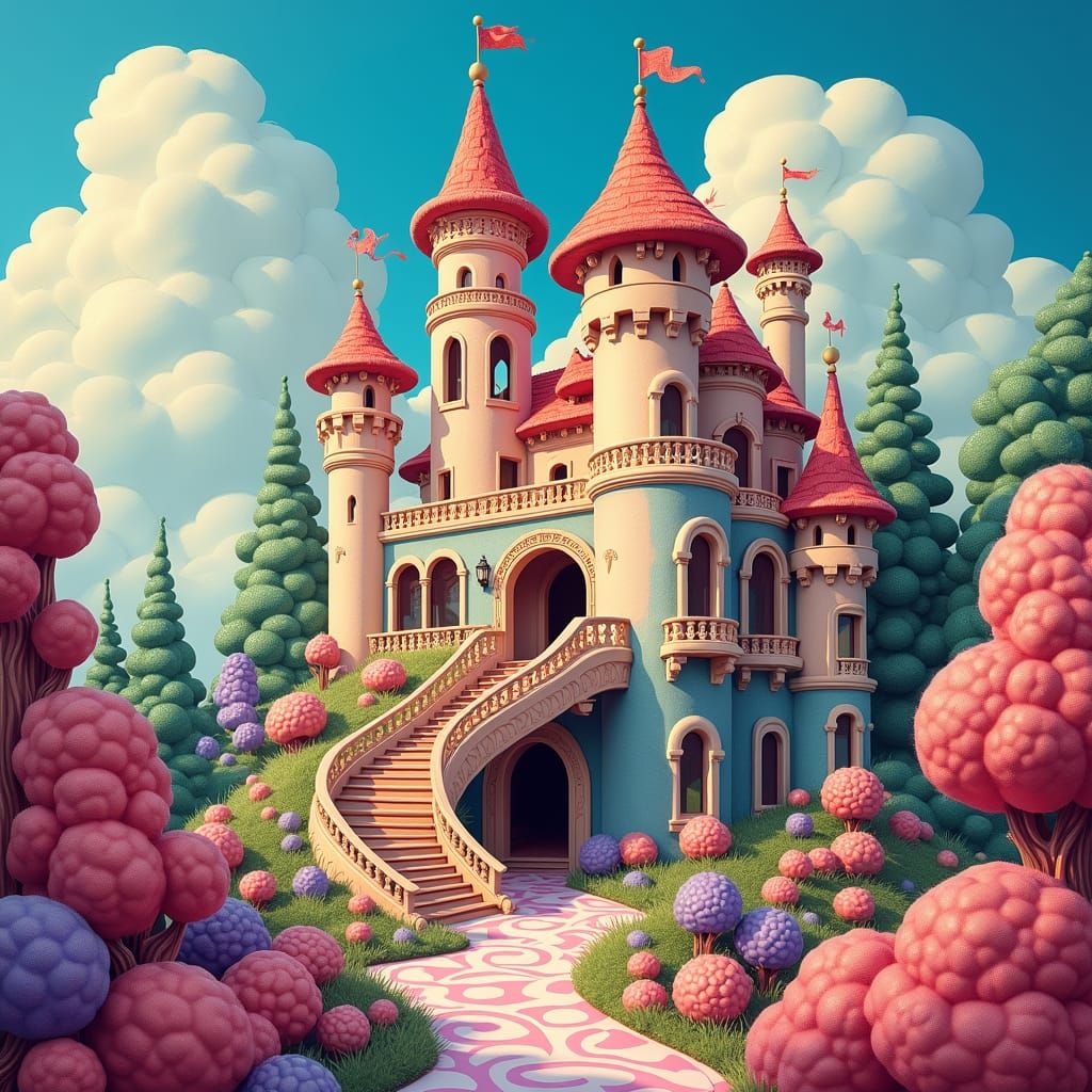 Whimsical Candyland Mansion in Gouache Style