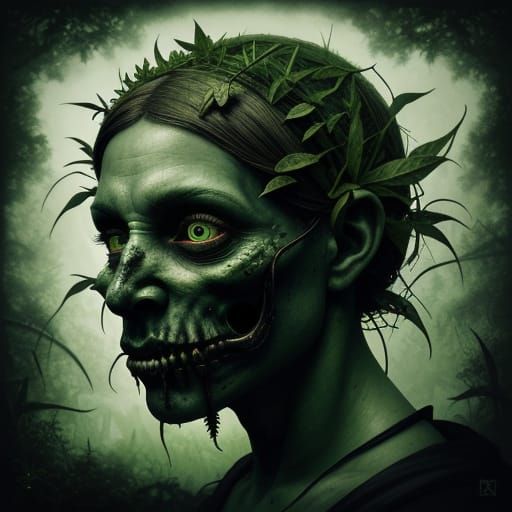 Eerie Plant with Eyes and Mouth in Dark, Green Tones