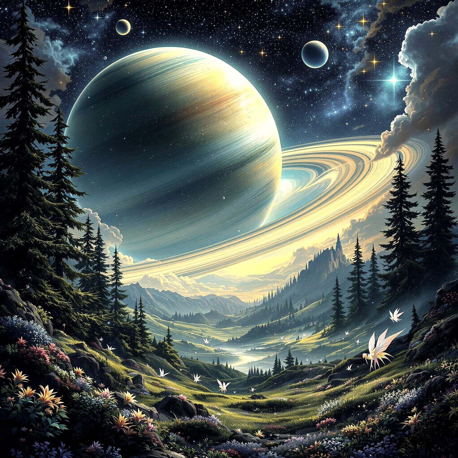 Fantasy Planet Map with Lush Forests and Celestial Wonders