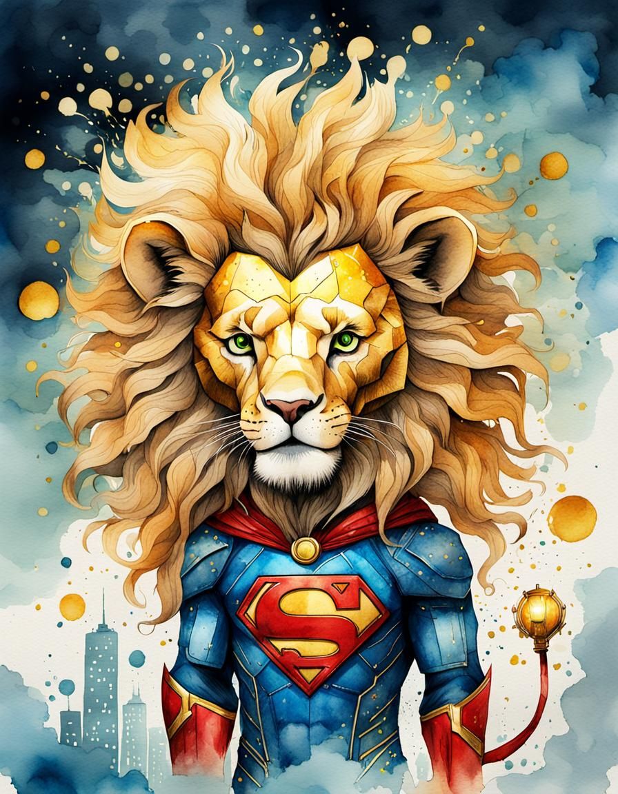 Lion Superhero in Watercolour and Ink Style