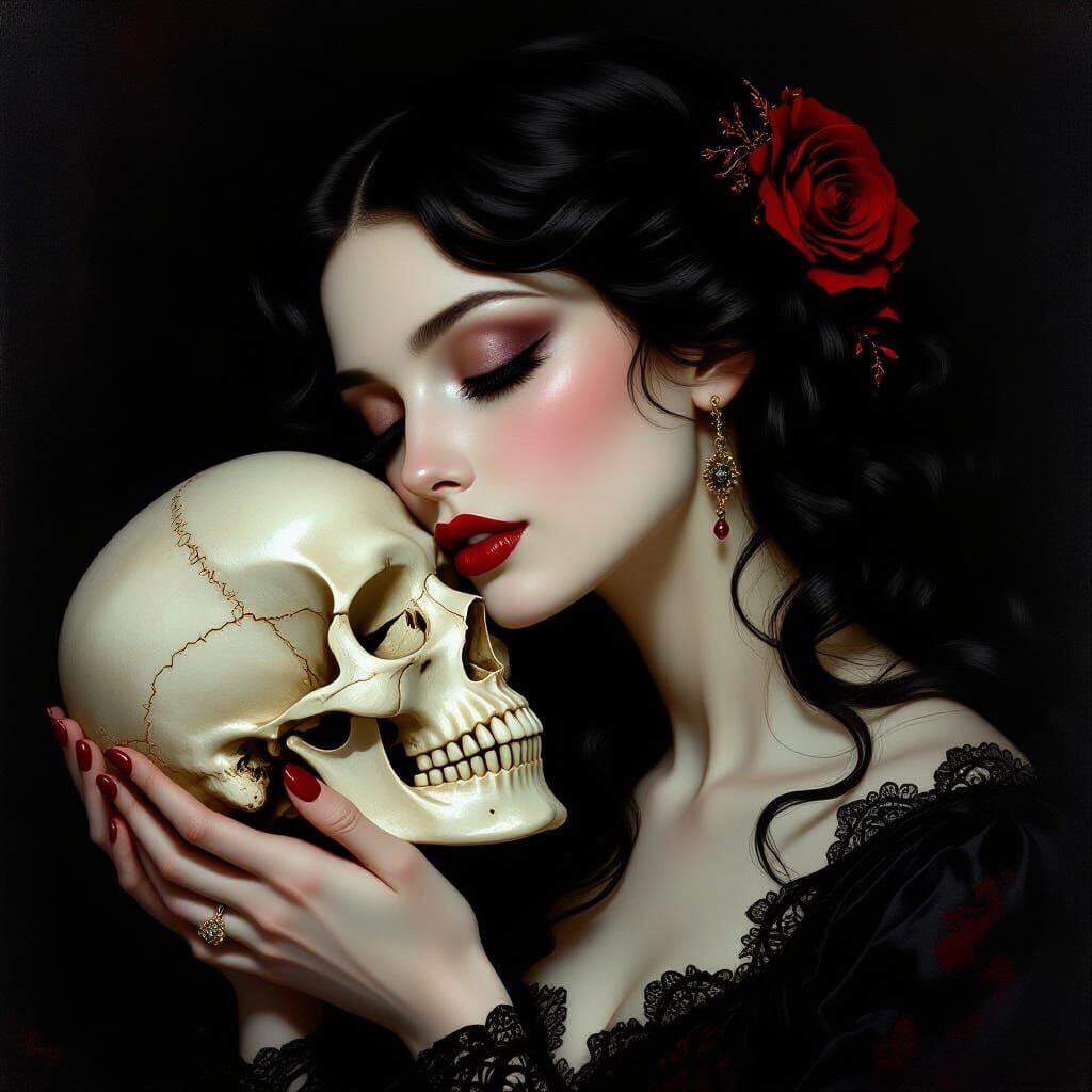 Gothic Portrait: Woman Kisses Skull in Dramatic Light