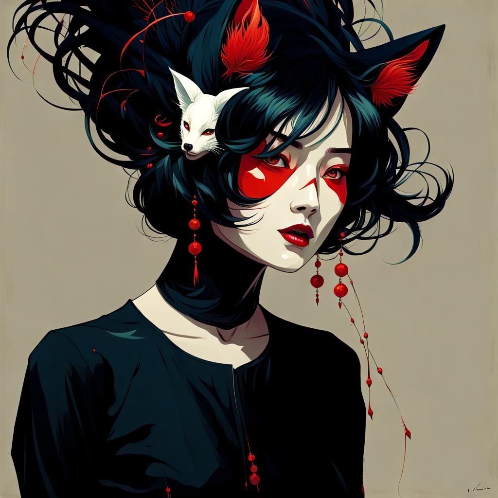 Korean Woman with Fox Mask in Inkpunk Style