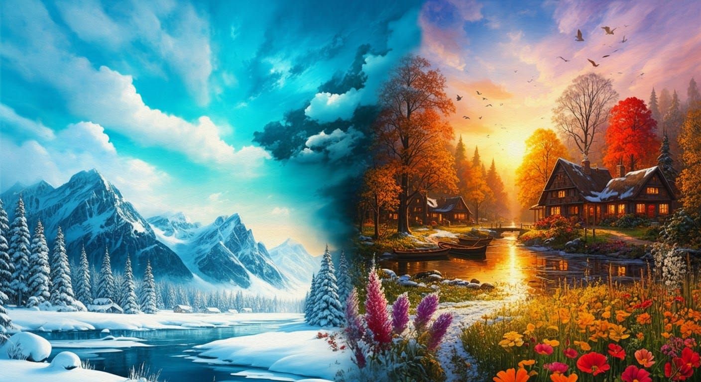 Four Seasons Collage in Watercolor Style