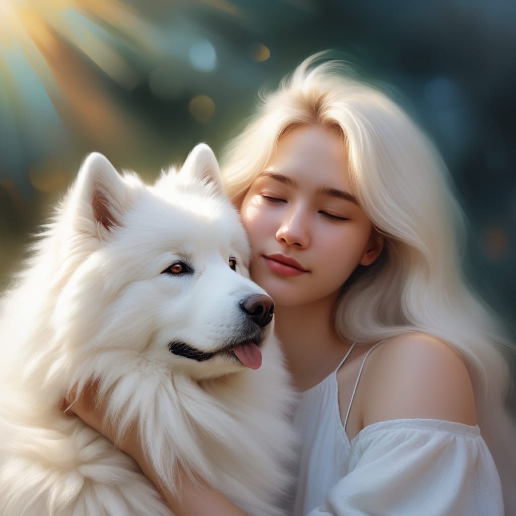 Serene Girl with Blonde Hair and Samoyed in Soft Impressioni...