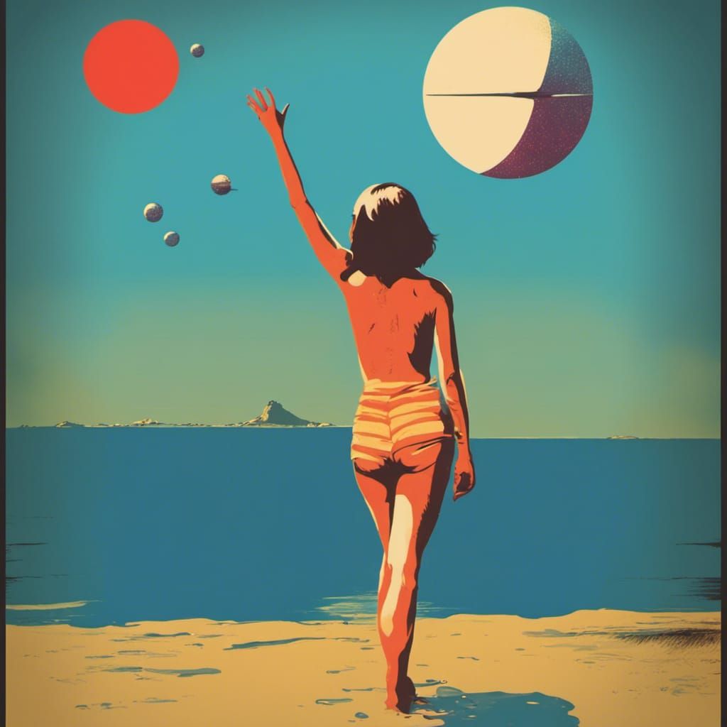 Alien Sunset: Retro-Futurist Beach Scene in Pop Art Style