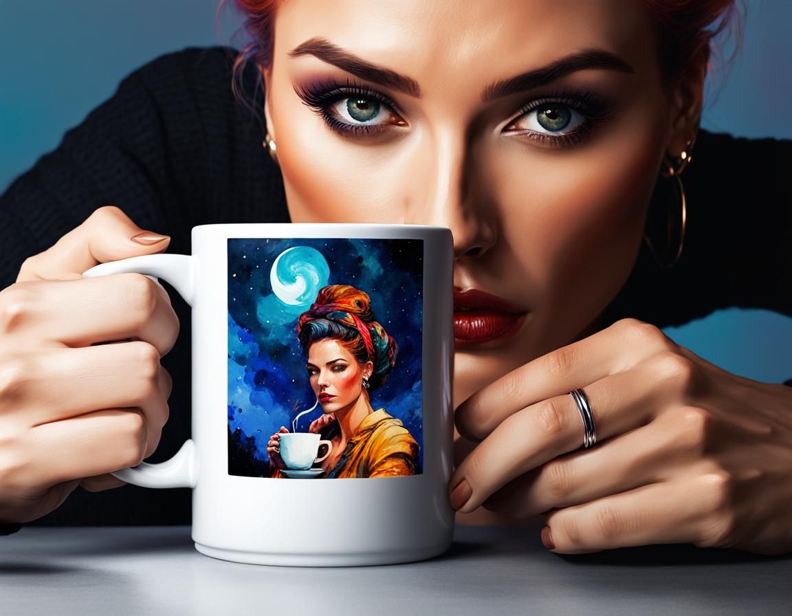 Woman Drinking Coffee: Sci-Fi Digital Watercolor