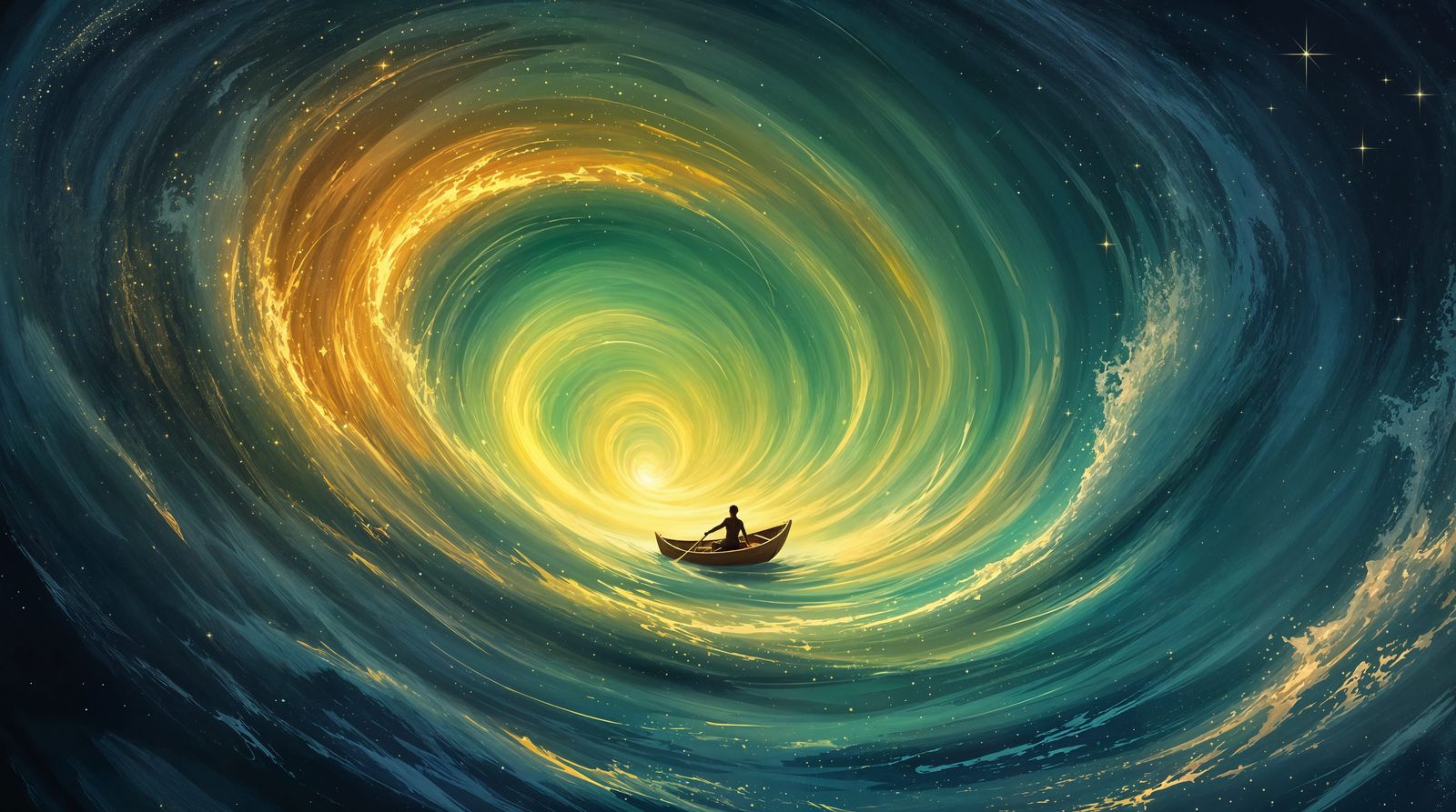Cosmic Rowboat Odyssey in Impressionistic Hues