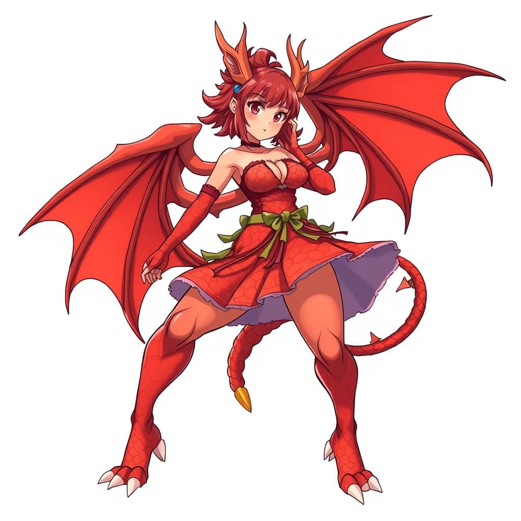 Dragon Anime Girl with Red Scales and Wings