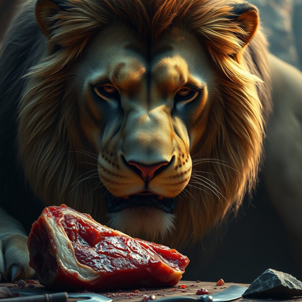 Lion's Despair in Vibrant, Hyper-Realistic Fantasy Landscape