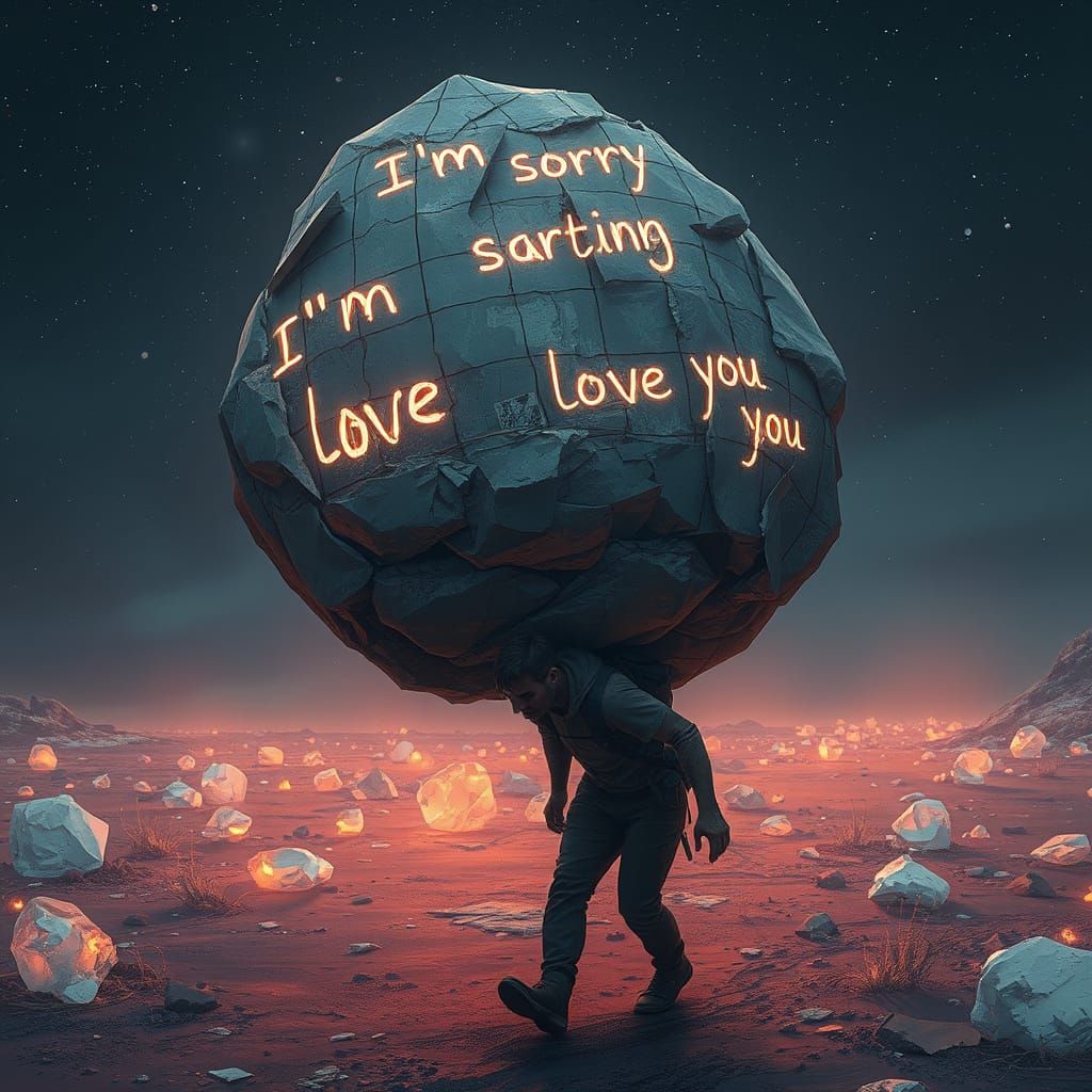 Man Burdened by Rock of Words in Futuristic Landscape