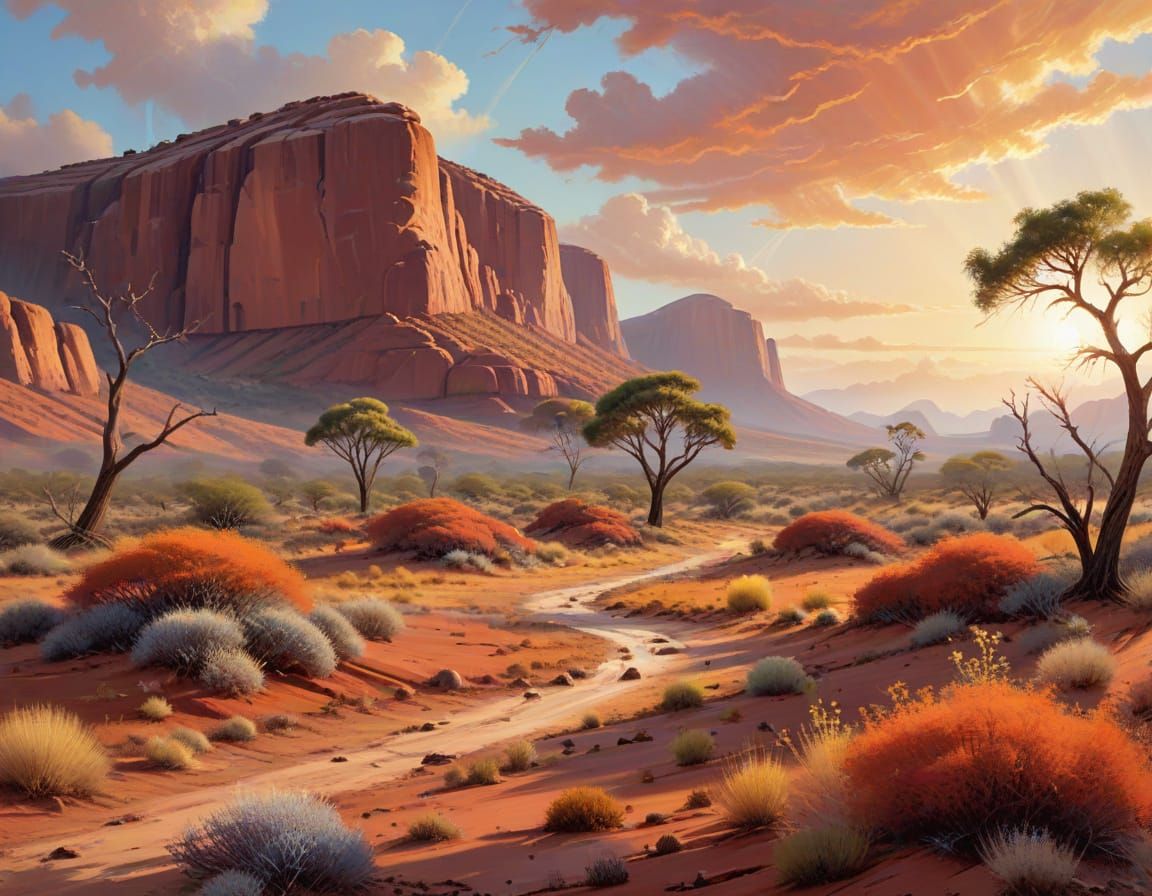 Surreal Desert Oasis in Soft Brushstrokes